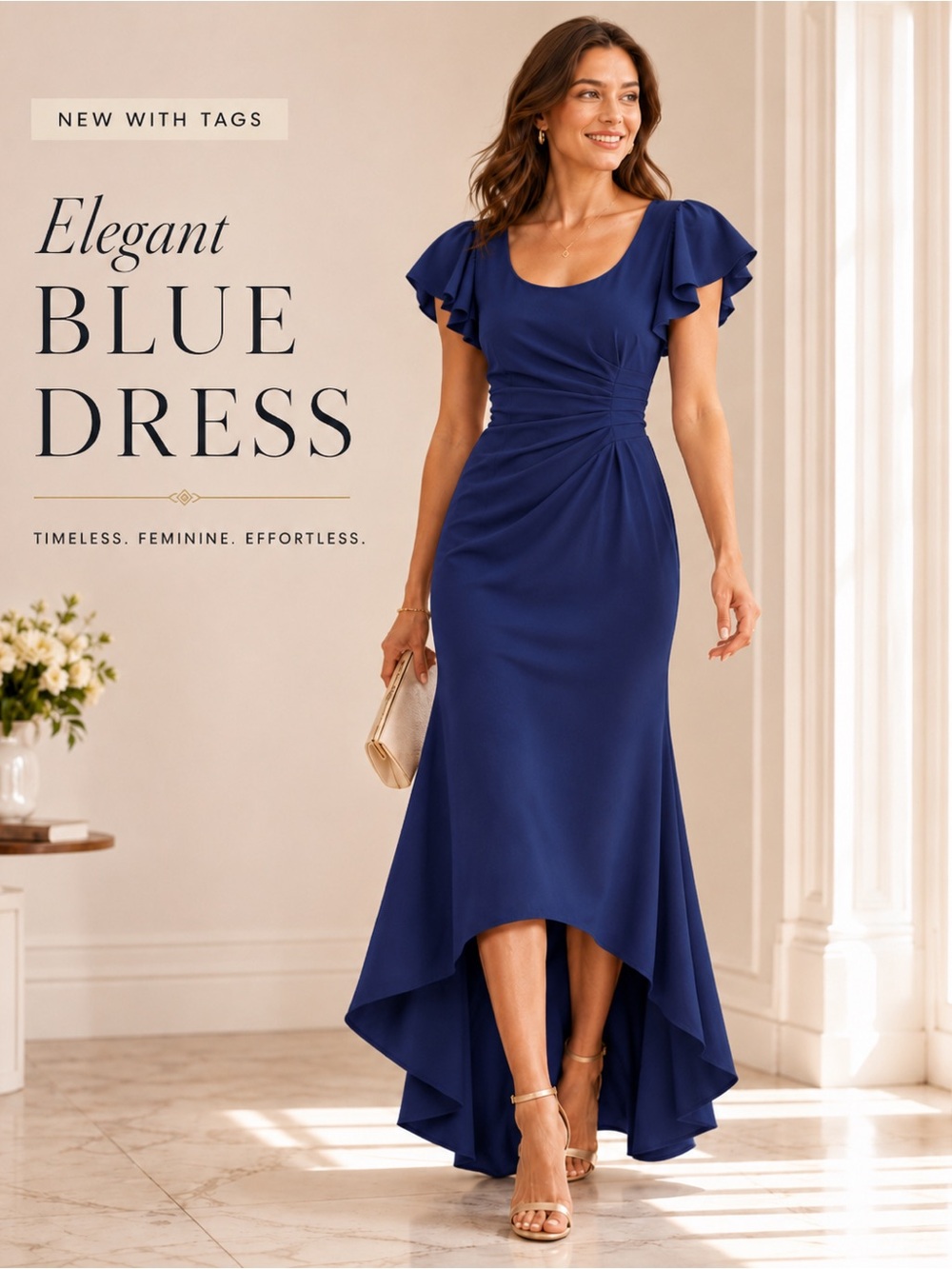 Macy's Navy High-Low Flutter Sleeve Ruched Dress